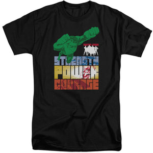 AN OFFCIALLY LICENSED JLA HEROIC QUALITIES MEN'S TALL FIT T-SHIRT BLACK
