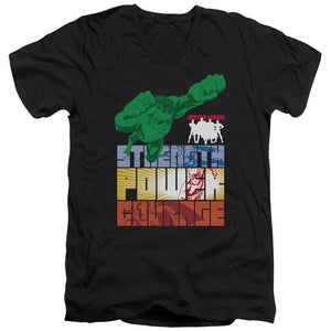 AN OFFCIALLY LICENSED JLA HEROIC QUALITIES MEN'S V-NECK T-SHIRT BLACK