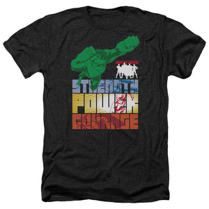 AN OFFCIALLY LICENSED JLA HEROIC QUALITIES MEN'S HEATHER T-SHIRT CHARCOAL
