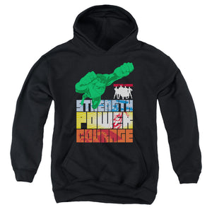 AN OFFCIALLY LICENSED JLA HEROIC QUALITIES YOUTH HOODIE BLACK