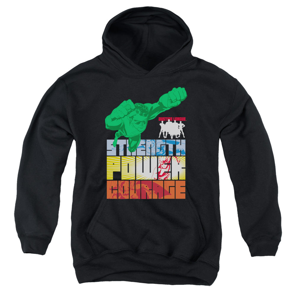 AN OFFCIALLY LICENSED JLA HEROIC QUALITIES YOUTH HOODIE BLACK
