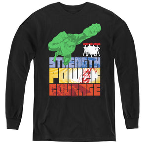 AN OFFCIALLY LICENSED JLA HEROIC QUALITIES YOUTH LONG SLEEVE T-SHIRT BLACK
