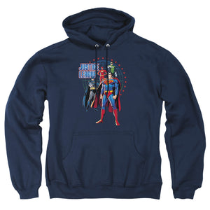AN OFFCIALLY LICENSED JLA PROTECTORS ADULT UNISEX PULLOVER HOODIE NAVY