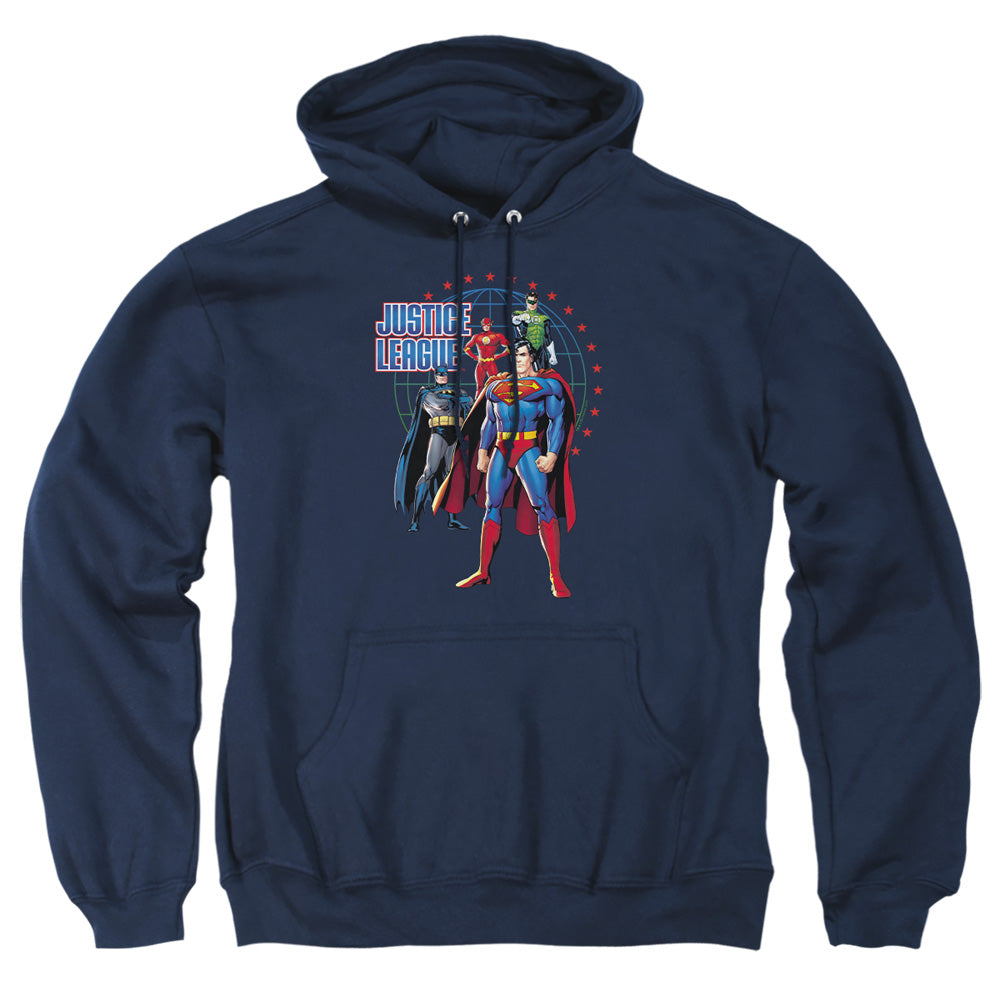 AN OFFCIALLY LICENSED JLA PROTECTORS ADULT UNISEX PULLOVER HOODIE NAVY