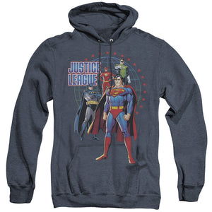 AN OFFCIALLY LICENSED JLA PROTECTORS ADULT UNISEX HEATHER PULLOVER HOODIE NAVY