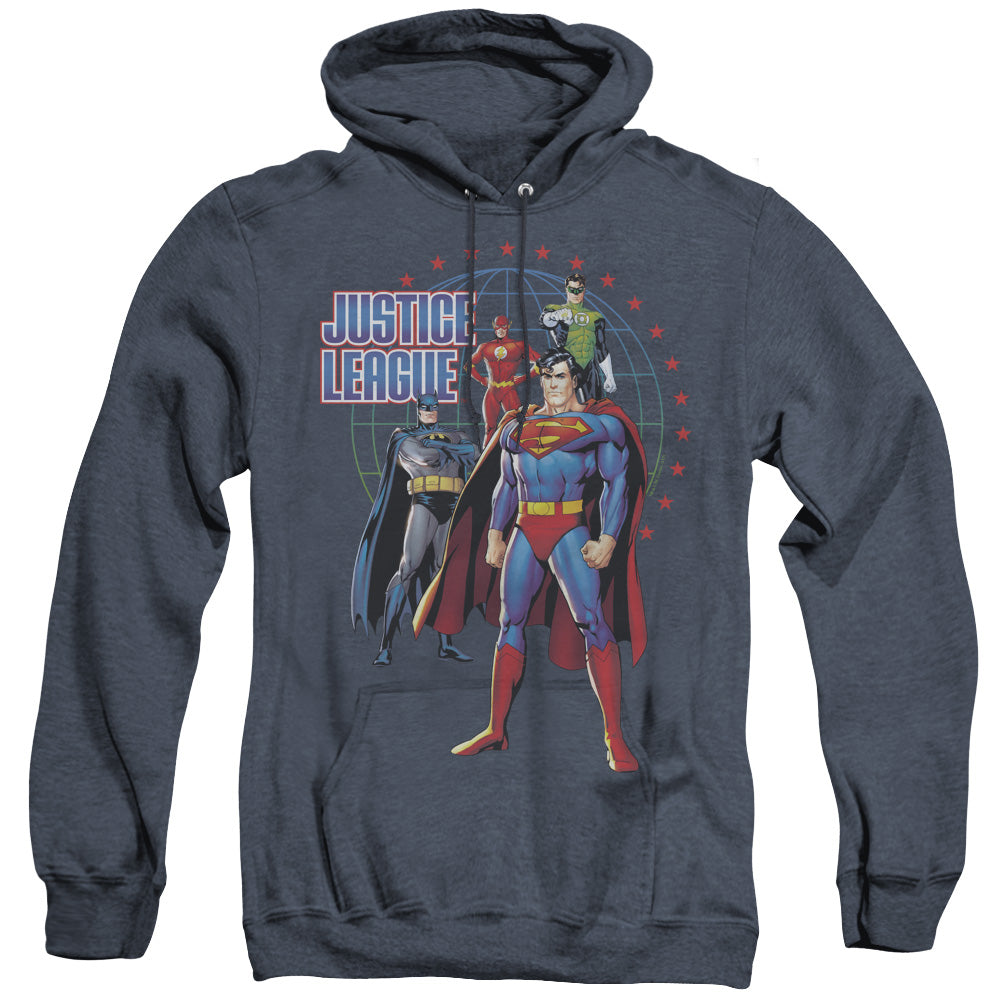 AN OFFCIALLY LICENSED JLA PROTECTORS ADULT UNISEX HEATHER PULLOVER HOODIE NAVY