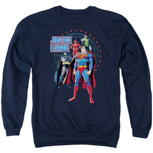 AN OFFCIALLY LICENSED JLA PROTECTORS ADULT UNISEX CREWNECK SWEATSHIRT NAVY