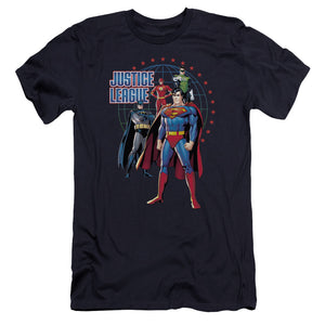 AN OFFCIALLY LICENSED JLA PROTECTORS MEN'S PREMIUM SLIM FIT T-SHIRT NAVY