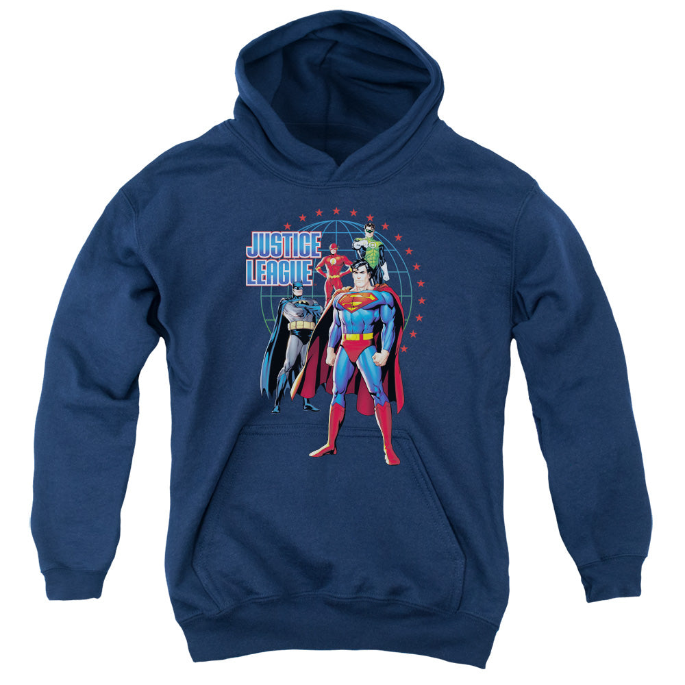AN OFFCIALLY LICENSED JLA PROTECTORS YOUTH HOODIE NAVY