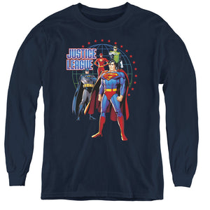 AN OFFCIALLY LICENSED JLA PROTECTORS YOUTH LONG SLEEVE T-SHIRT NAVY