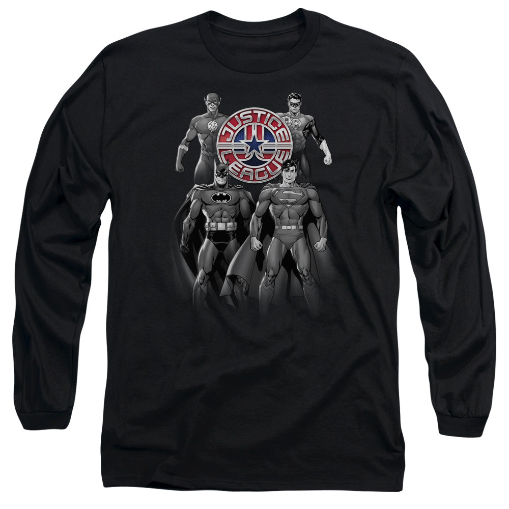 AN OFFCIALLY LICENSED JLA SHADES OF GRAY MEN'S LONG SLEEVE T-SHIRT BLACK