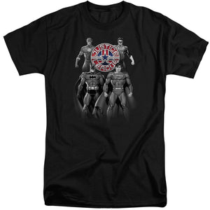 AN OFFCIALLY LICENSED JLA SHADES OF GRAY MEN'S TALL FIT T-SHIRT BLACK