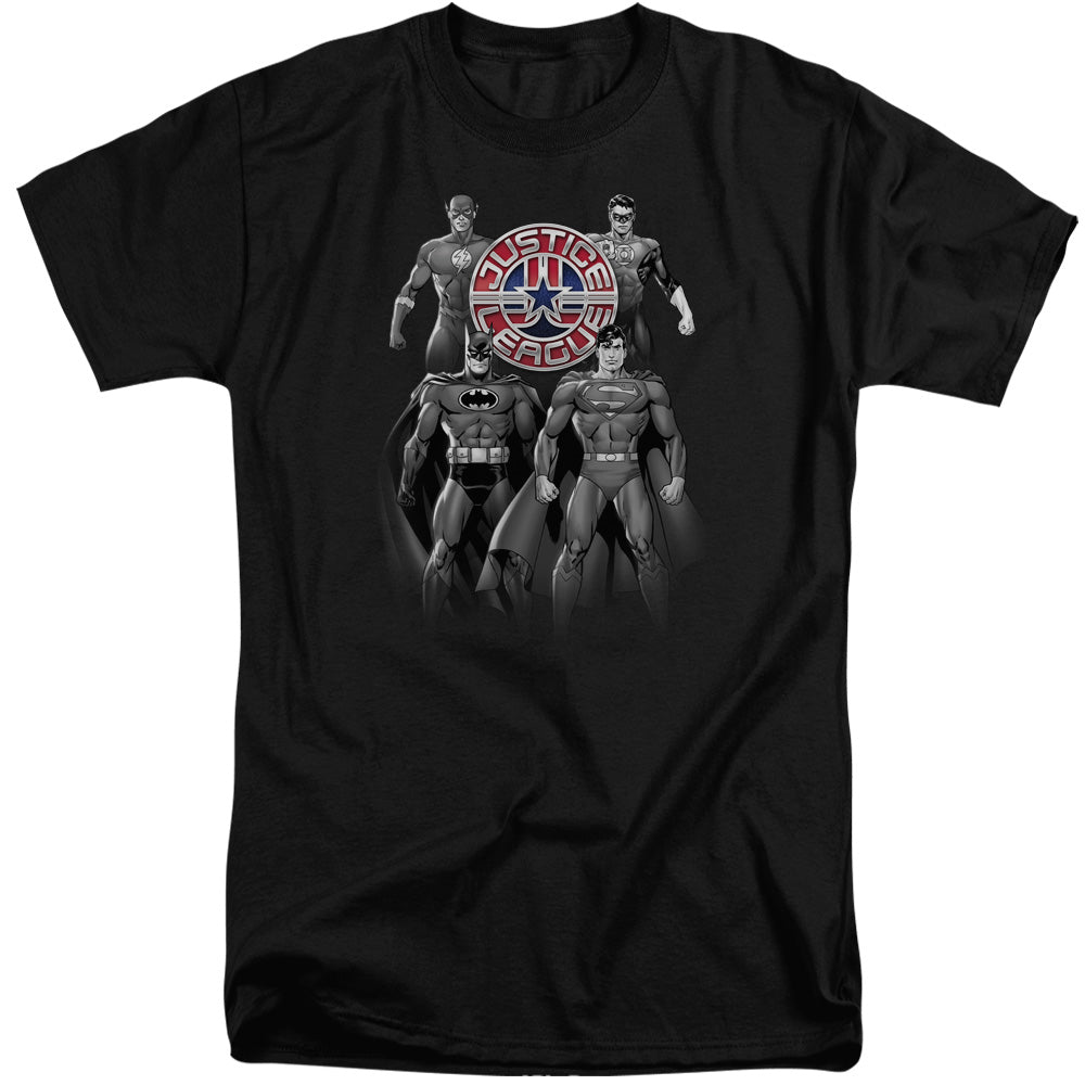 AN OFFCIALLY LICENSED JLA SHADES OF GRAY MEN'S TALL FIT T-SHIRT BLACK