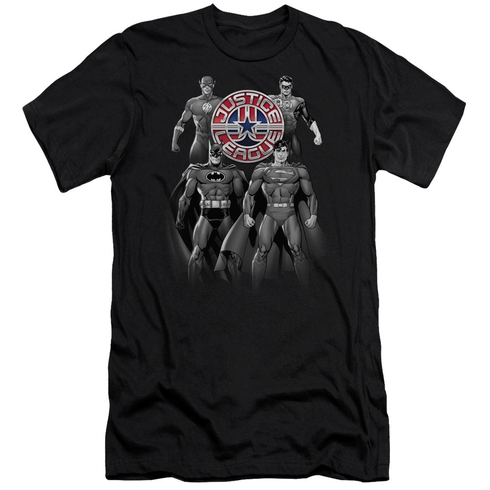 AN OFFCIALLY LICENSED JLA SHADES OF GRAY MEN'S PREMIUM SLIM FIT T-SHIRT BLACK