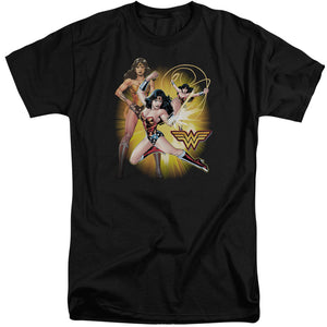 AN OFFCIALLY LICENSED JLA WONDER WOMAN MEN'S TALL FIT T-SHIRT BLACK