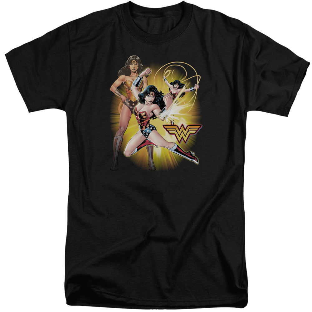 AN OFFCIALLY LICENSED JLA WONDER WOMAN MEN'S TALL FIT T-SHIRT BLACK