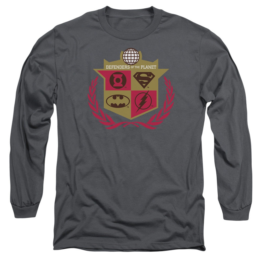 AN OFFCIALLY LICENSED JLA DEFENDERS MEN'S LONG SLEEVE T-SHIRT CHARCOAL