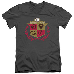 AN OFFCIALLY LICENSED JLA DEFENDERS MEN'S V-NECK T-SHIRT CHARCOAL