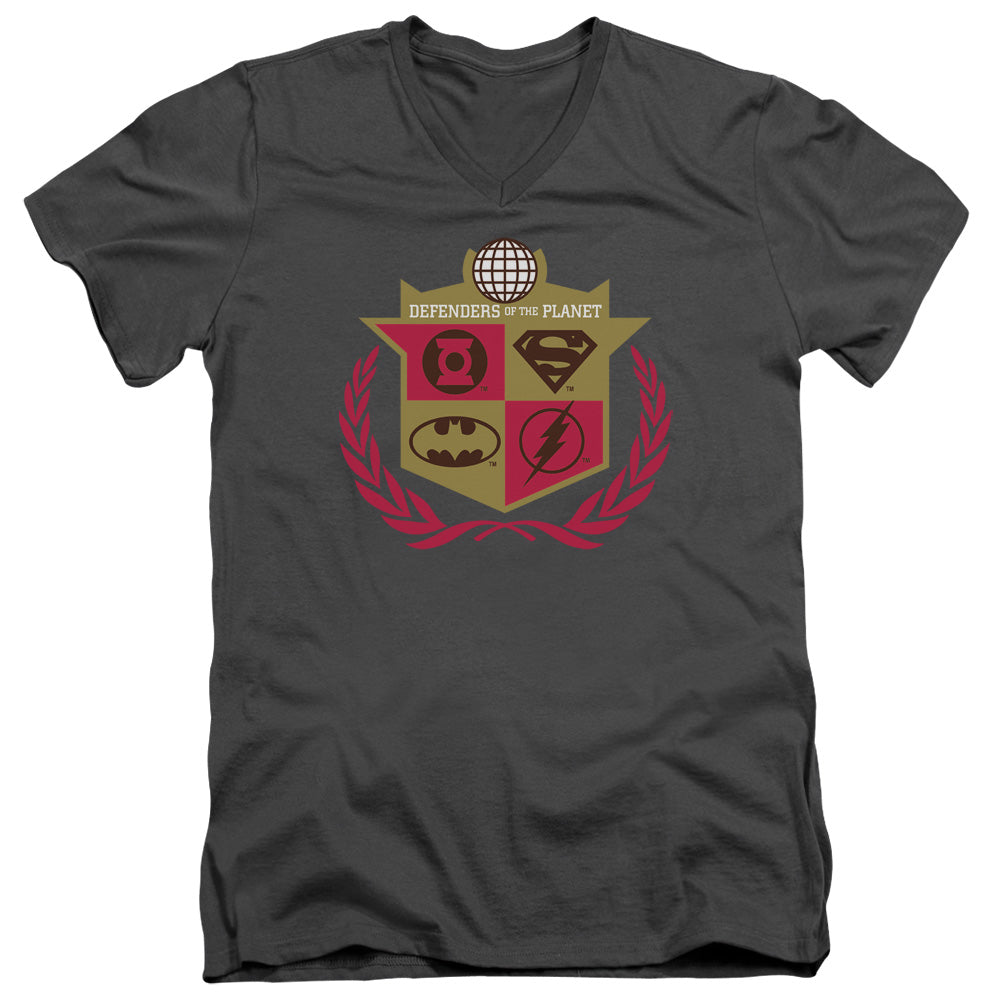 AN OFFCIALLY LICENSED JLA DEFENDERS MEN'S V-NECK T-SHIRT CHARCOAL