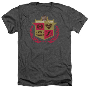 AN OFFCIALLY LICENSED JLA DEFENDERS MEN'S HEATHER T-SHIRT CHARCOAL