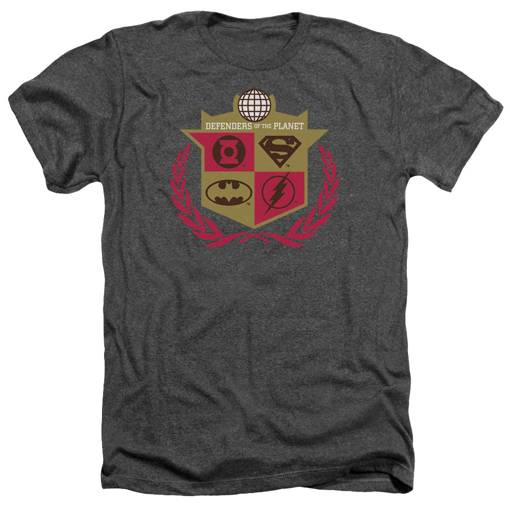 AN OFFCIALLY LICENSED JLA DEFENDERS MEN'S HEATHER T-SHIRT CHARCOAL