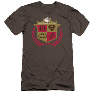 AN OFFCIALLY LICENSED JLA DEFENDERS MEN'S PREMIUM SLIM FIT T-SHIRT CHARCOAL