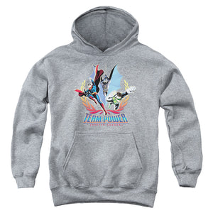 AN OFFCIALLY LICENSED JLA TEAM POWER YOUTH HOODIE ATHLETIC HEATHER