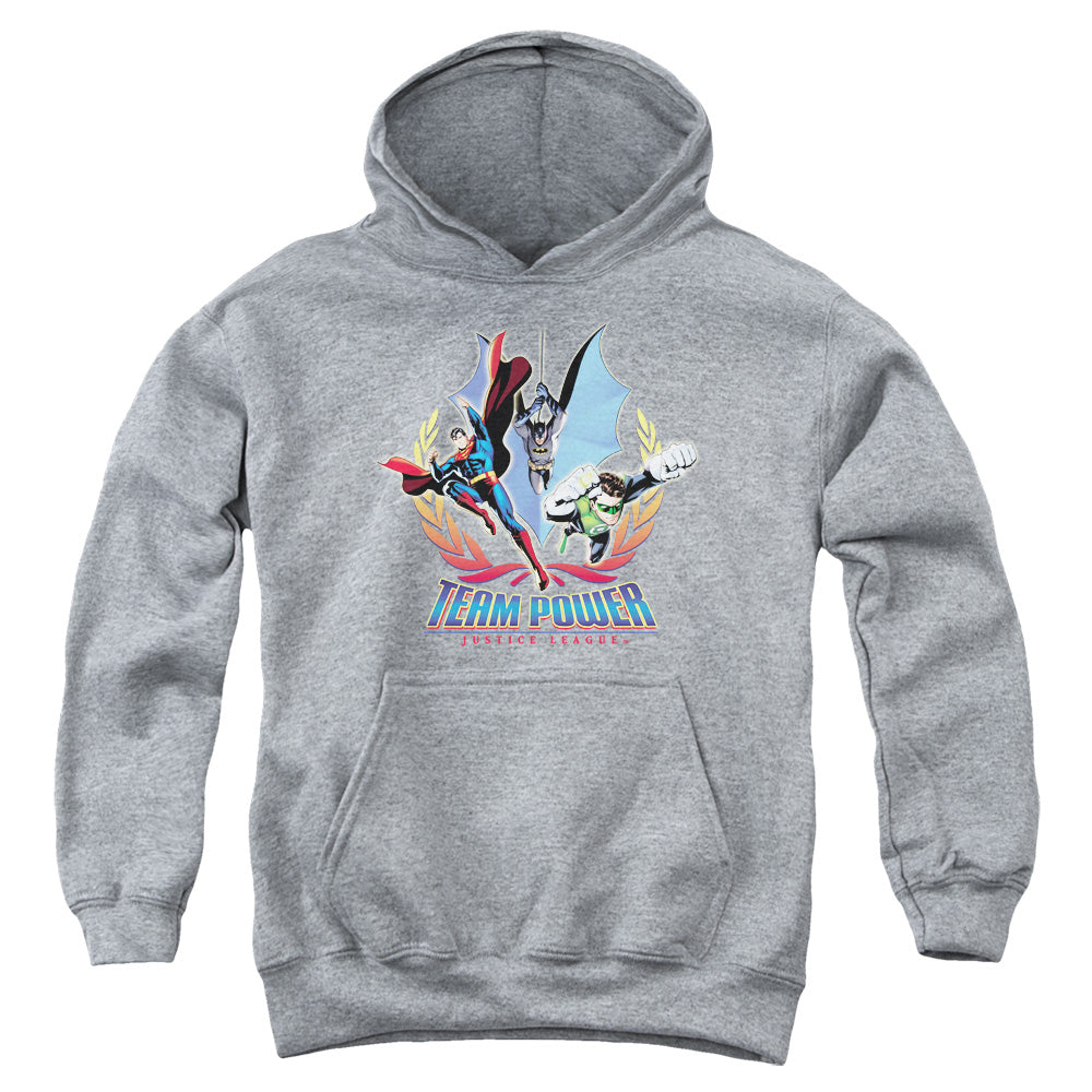 AN OFFCIALLY LICENSED JLA TEAM POWER YOUTH HOODIE ATHLETIC HEATHER