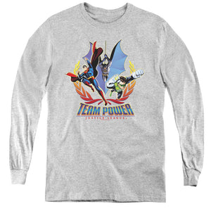 AN OFFCIALLY LICENSED JLA TEAM POWER YOUTH LONG SLEEVE T-SHIRT ATHLETIC HEATHER