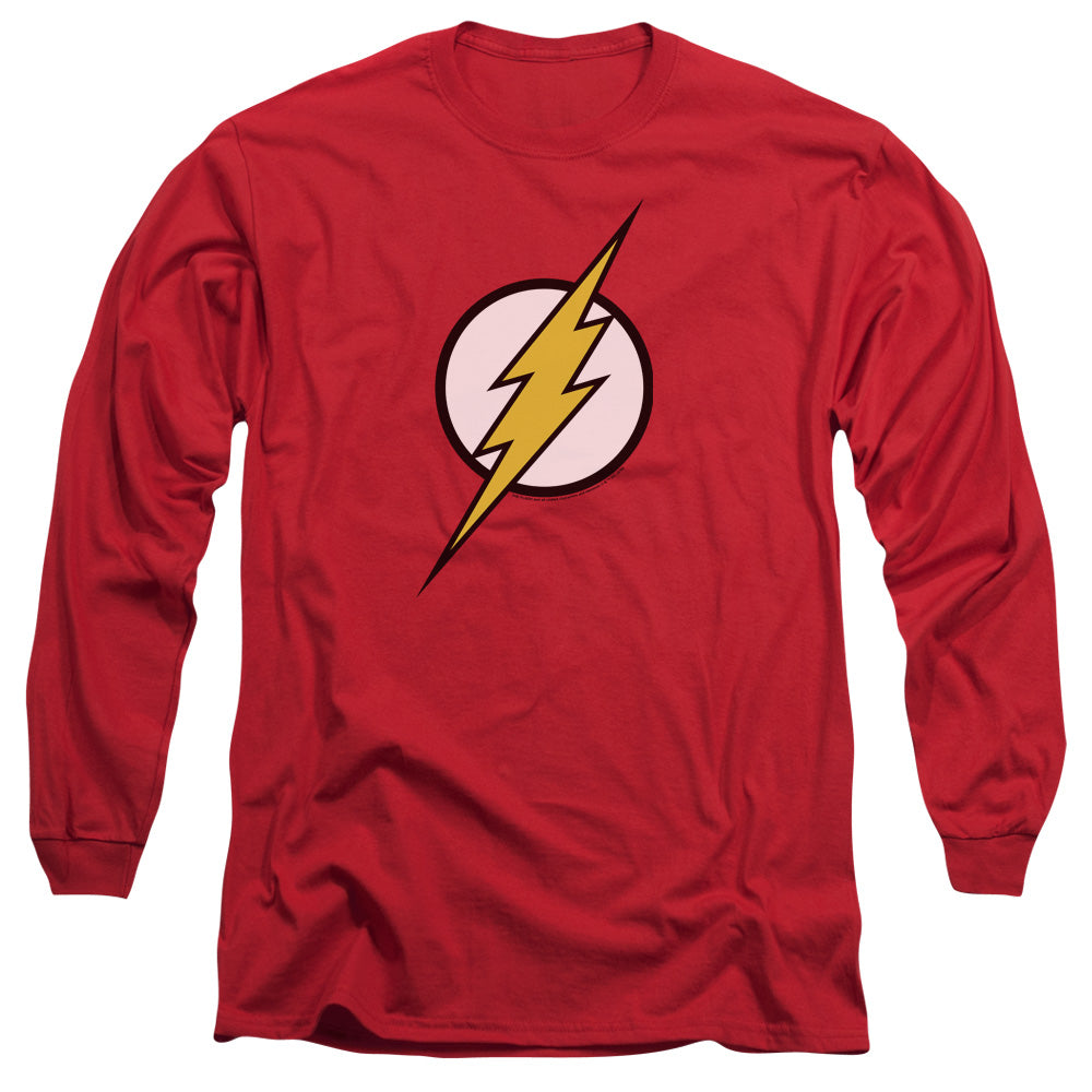 AN OFFCIALLY LICENSED JLA FLASH LOGO MEN'S LONG SLEEVE T-SHIRT RED