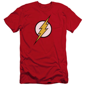AN OFFCIALLY LICENSED JLA FLASH LOGO MEN'S PREMIUM SLIM FIT T-SHIRT RED