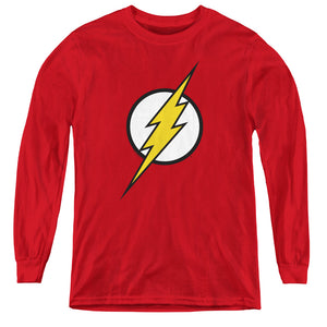 AN OFFCIALLY LICENSED JLA FLASH LOGO YOUTH LONG SLEEVE T-SHIRT RED
