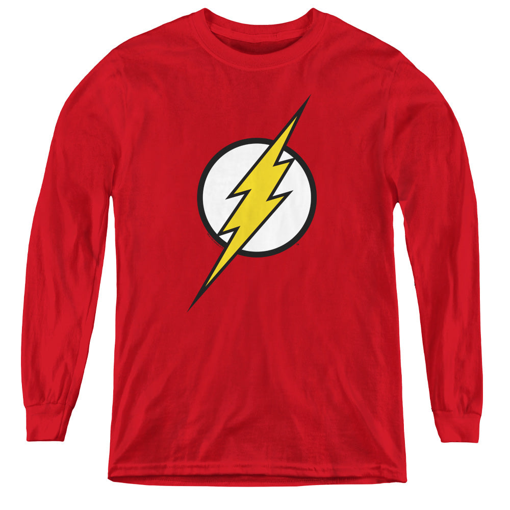 AN OFFCIALLY LICENSED JLA FLASH LOGO YOUTH LONG SLEEVE T-SHIRT RED