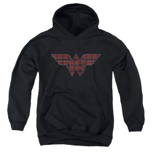 AN OFFCIALLY LICENSED DC WONDER WOMAN PLAID WONDER WOMAN LOGO YOUTH HOODIE BLACK