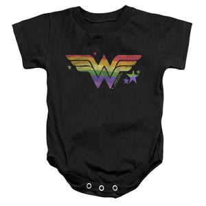AN OFFCIALLY LICENSED DC WONDER WOMAN RAINBOW WONDER WOMAN BABY BODYSUIT BLACK
