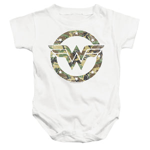 AN OFFCIALLY LICENSED DC WONDER WOMAN CAMO WONDER WOMAN LOGO BABY BODYSUIT WHITE
