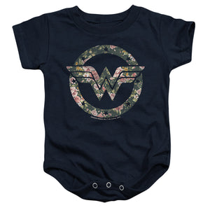 AN OFFCIALLY LICENSED DC WONDER WOMAN FLORAL WONDER WOMAN LOGO BABY BODYSUIT NAVY