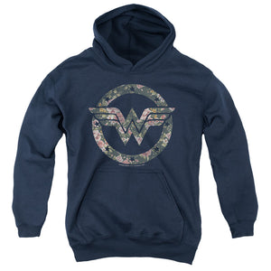 AN OFFCIALLY LICENSED DC WONDER WOMAN FLORAL WONDER WOMAN LOGO YOUTH HOODIE NAVY