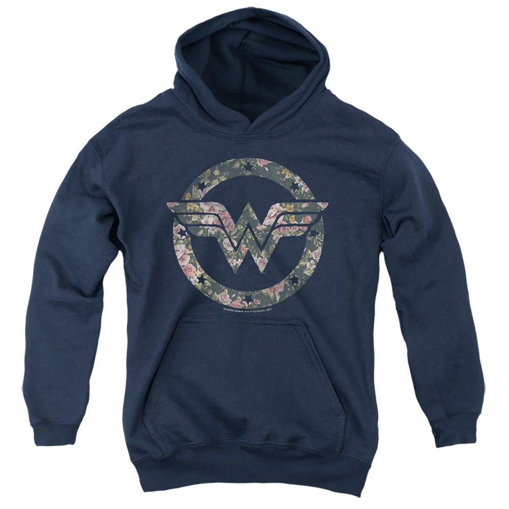AN OFFCIALLY LICENSED DC WONDER WOMAN FLORAL WONDER WOMAN LOGO YOUTH HOODIE NAVY