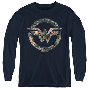 AN OFFCIALLY LICENSED DC WONDER WOMAN FLORAL WONDER WOMAN LOGO YOUTH LONG SLEEVE T-SHIRT NAVY