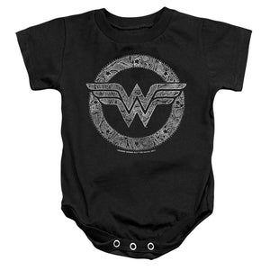 AN OFFCIALLY LICENSED DC WONDER WOMAN PAISELY WONDER WOMAN LOGO BABY BODYSUIT BLACK