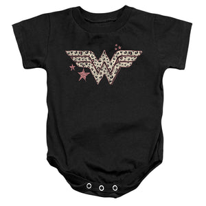 AN OFFCIALLY LICENSED DC WONDER WOMAN LEOPARD WONDER WOMAN BABY BODYSUIT BLACK