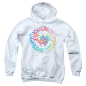 AN OFFCIALLY LICENSED DC WONDER WOMAN TIE DYE WONDER WOMAN YOUTH HOODIE WHITE
