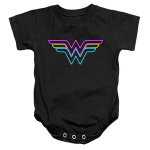 AN OFFCIALLY LICENSED DC WONDER WOMAN NEON WONDER WOMAN BABY BODYSUIT BLACK