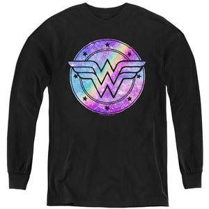 AN OFFCIALLY LICENSED DC WONDER WOMAN UNICORN GALAXY WONDER YOUTH LONG SLEEVE T-SHIRT BLACK