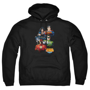 AN OFFCIALLY LICENSED JLA GROUP PORTRAIT ADULT UNISEX PULLOVER HOODIE BLACK