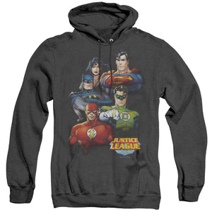 AN OFFCIALLY LICENSED JLA GROUP PORTRAIT ADULT UNISEX HEATHER PULLOVER HOODIE BLACK