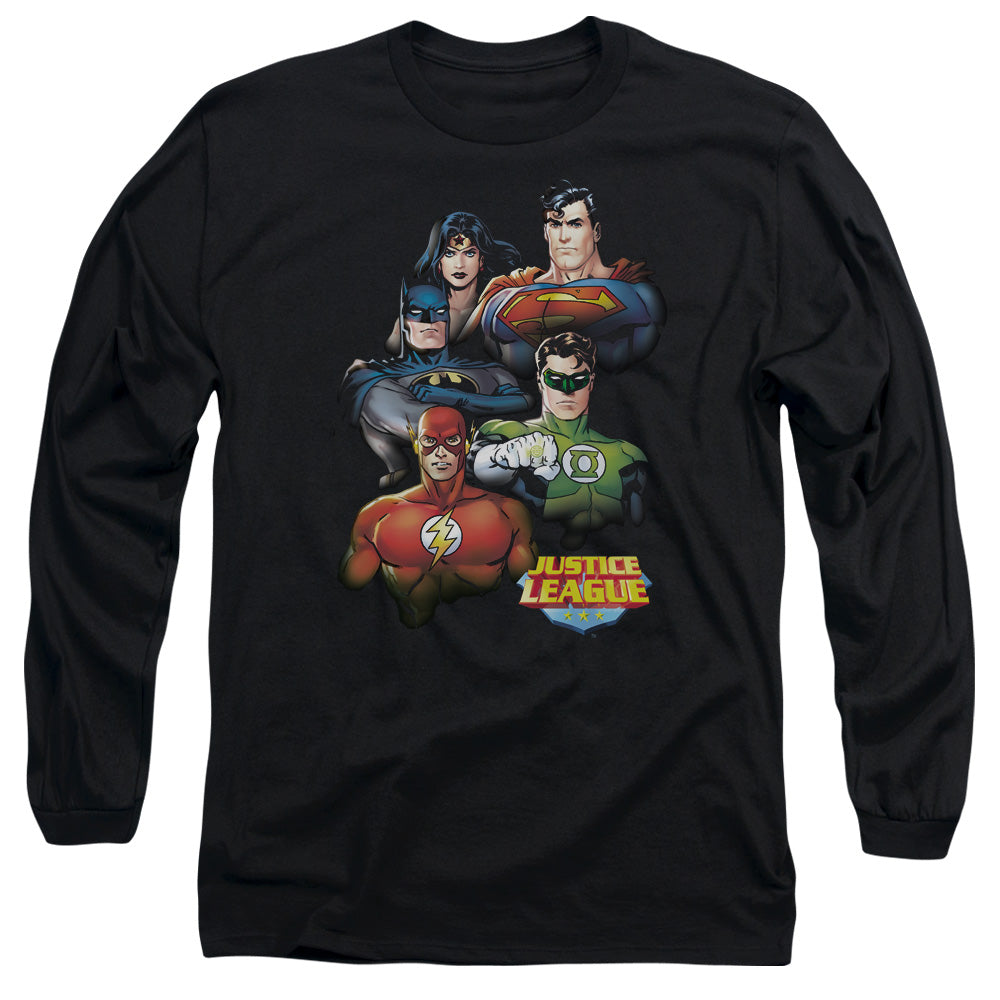 AN OFFCIALLY LICENSED JLA GROUP PORTRAIT MEN'S LONG SLEEVE T-SHIRT BLACK