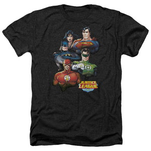 AN OFFCIALLY LICENSED JLA GROUP PORTRAIT MEN'S HEATHER T-SHIRT CHARCOAL