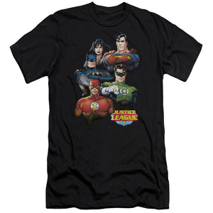 AN OFFCIALLY LICENSED JLA GROUP PORTRAIT MEN'S PREMIUM SLIM FIT T-SHIRT BLACK